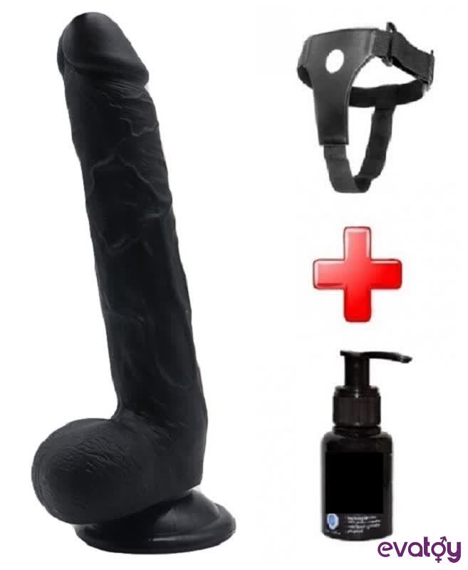 8500-87831 Evatoy 27 cm Siyah Realistik Vantuzlu Dildo Penis Kemer Kayganlaştırıcı Set - Görsel 1
