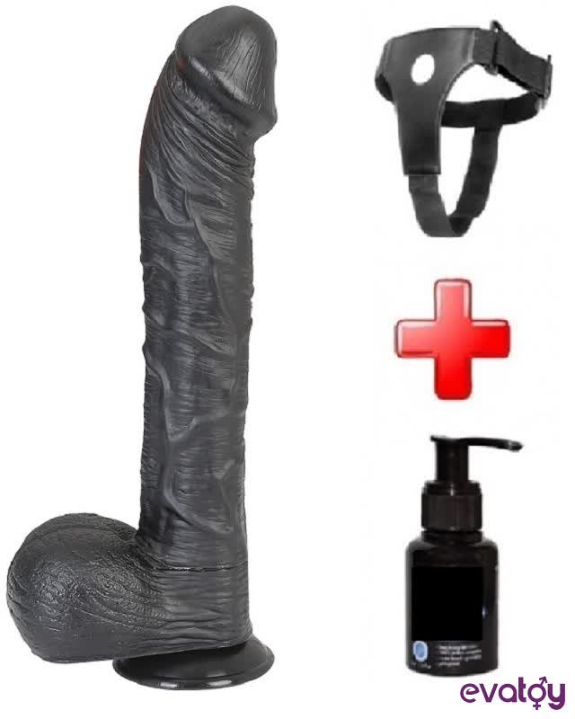 8512-23083 Evatoy 33 cm Siyah Dev Realistik Dildo Penis Kemer Kayganlaştırıcı Set - Görsel 1